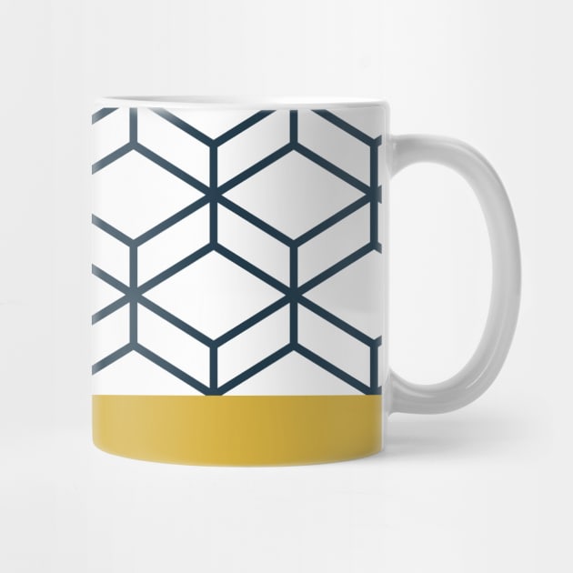 Geometric Honeycomb Lattice Pattern in Mustard Yellow, Navy Blue, and White by KierkegaardDesignStudio